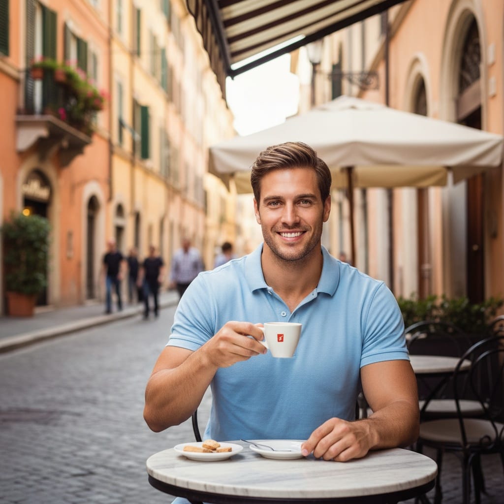 athletic white man roman street cafe 44463666