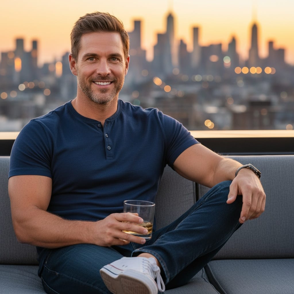 athletic white man rooftop cityscape sunset 54803846
