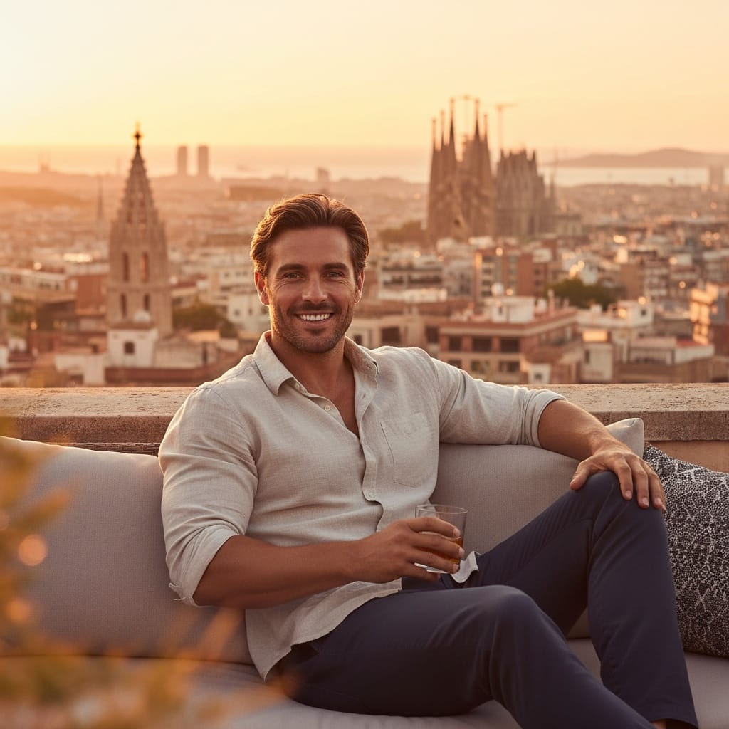 athletic white man rooftop terrace cityscape 66853583
