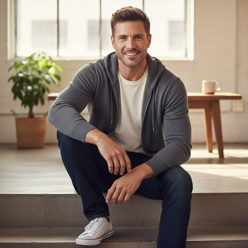 athletic white man sitting relaxed lifestyle pose 75192502