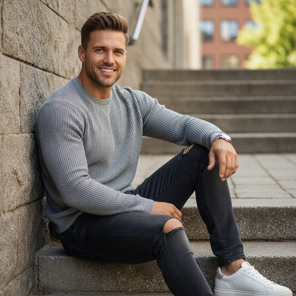 athletic white man sitting steps casual 50452501