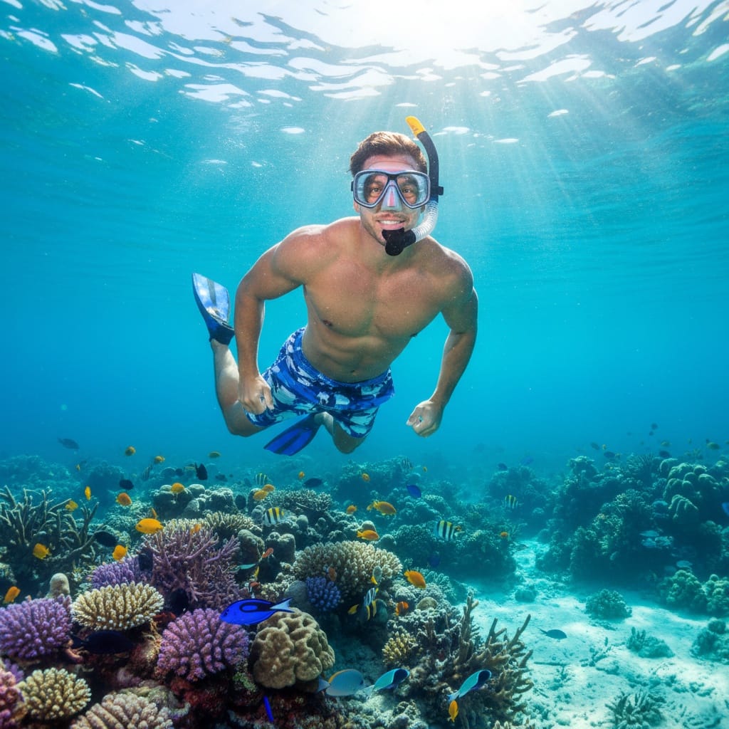 athletic white man snorkeling coral reef 97431648