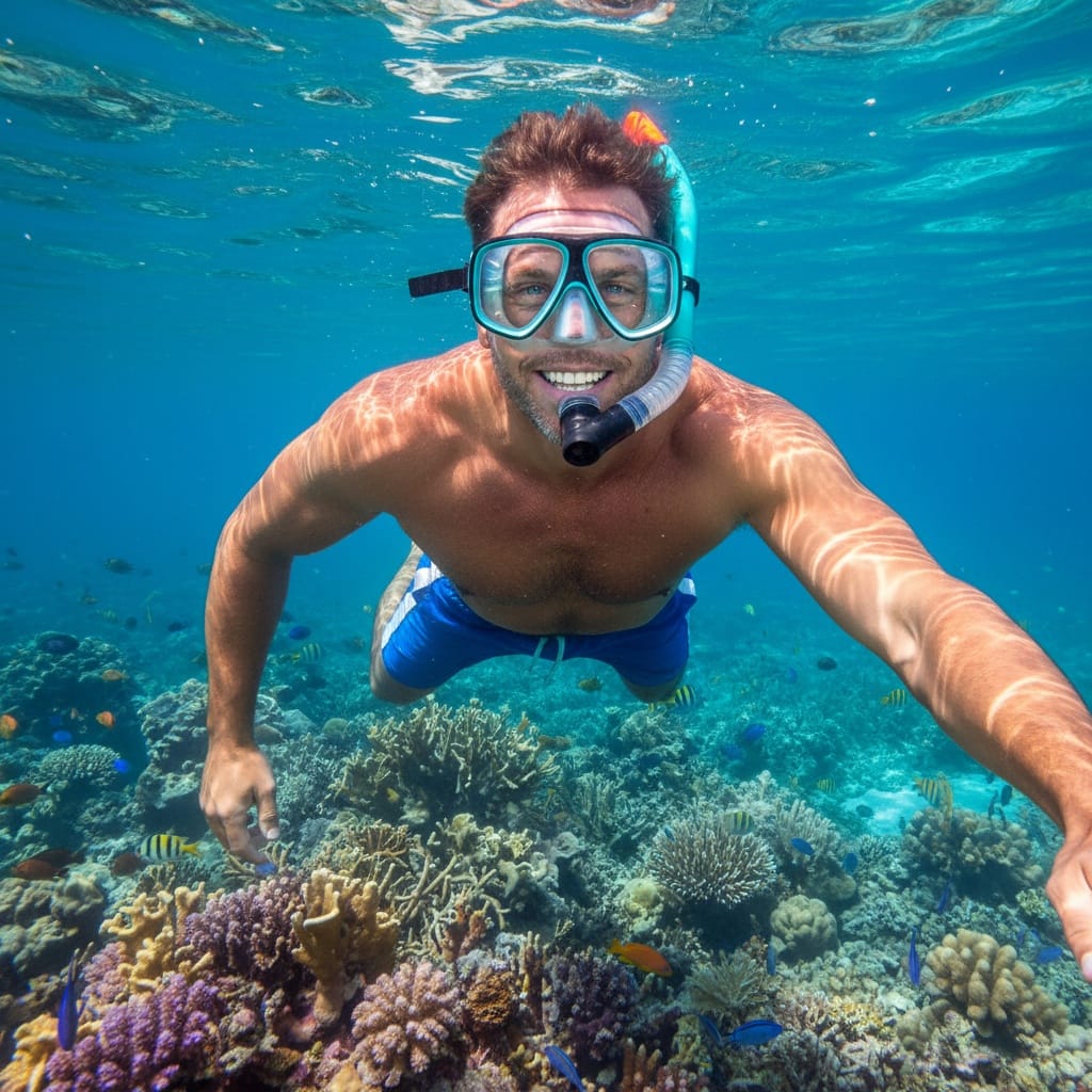 athletic white man snorkeling turquoise water 79317688