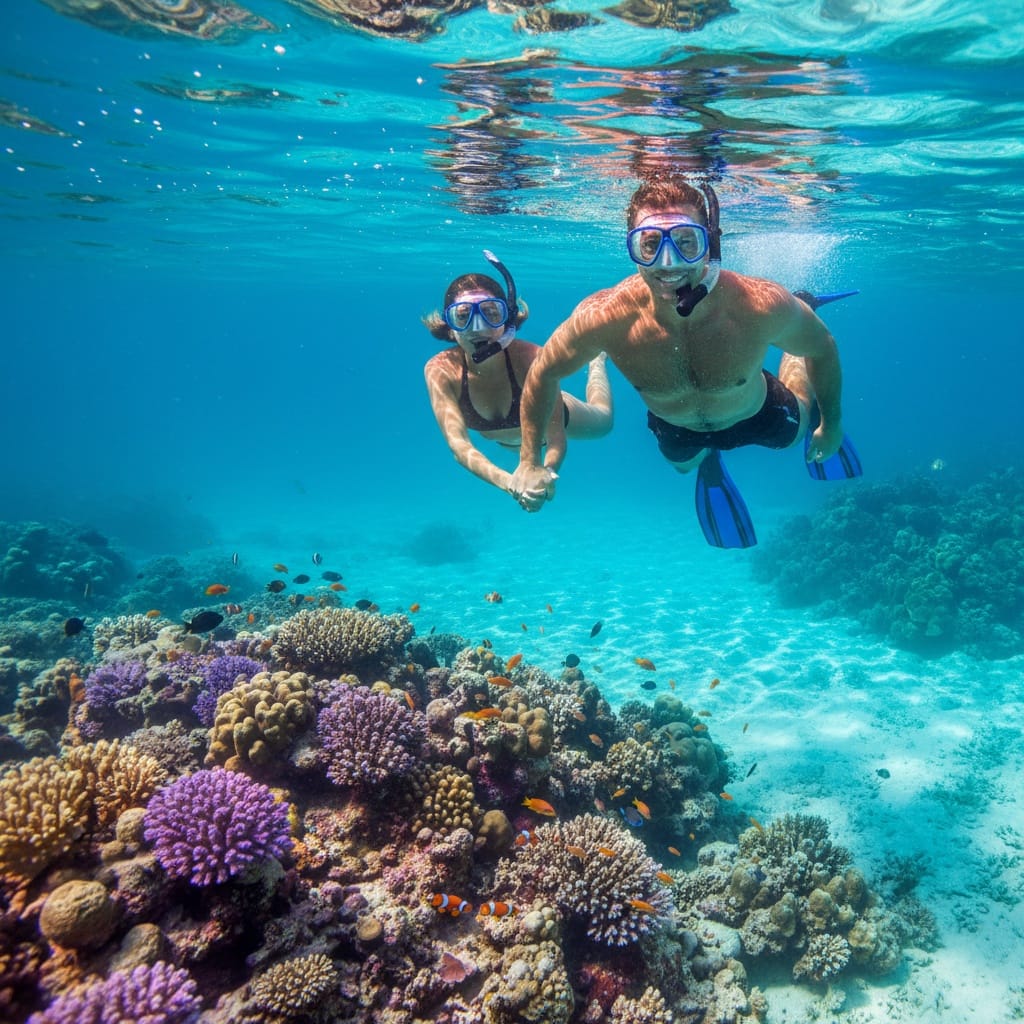 athletic white man snorkeling underwater couple 88309078
