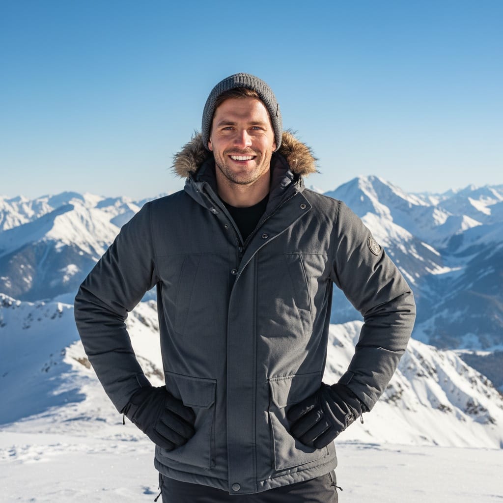 athletic white man snowy mountain portrait 12101567