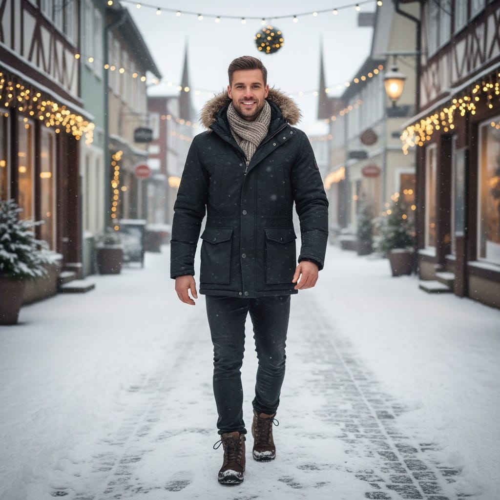 athletic white man snowy village walk 88768558
