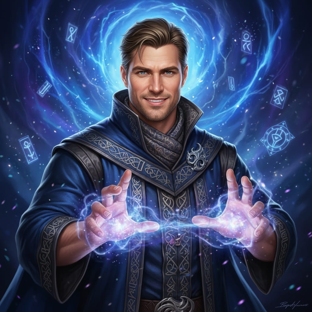 athletic white man spellcaster magical aura 13397775