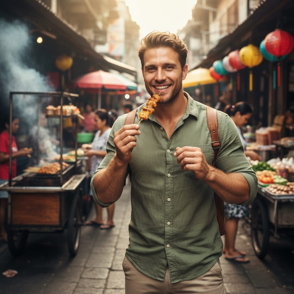 athletic white man street food adventure 74313704