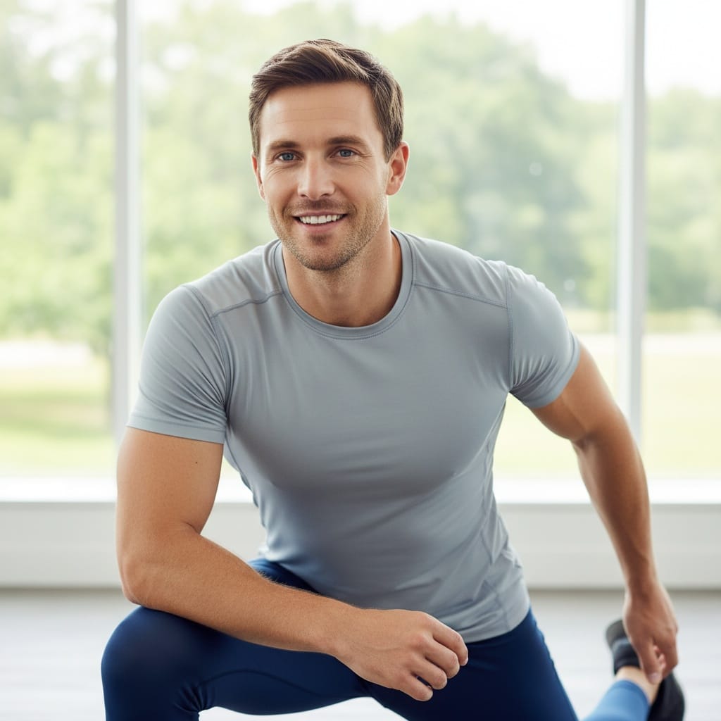 athletic white man stretching cool down serene 16097059