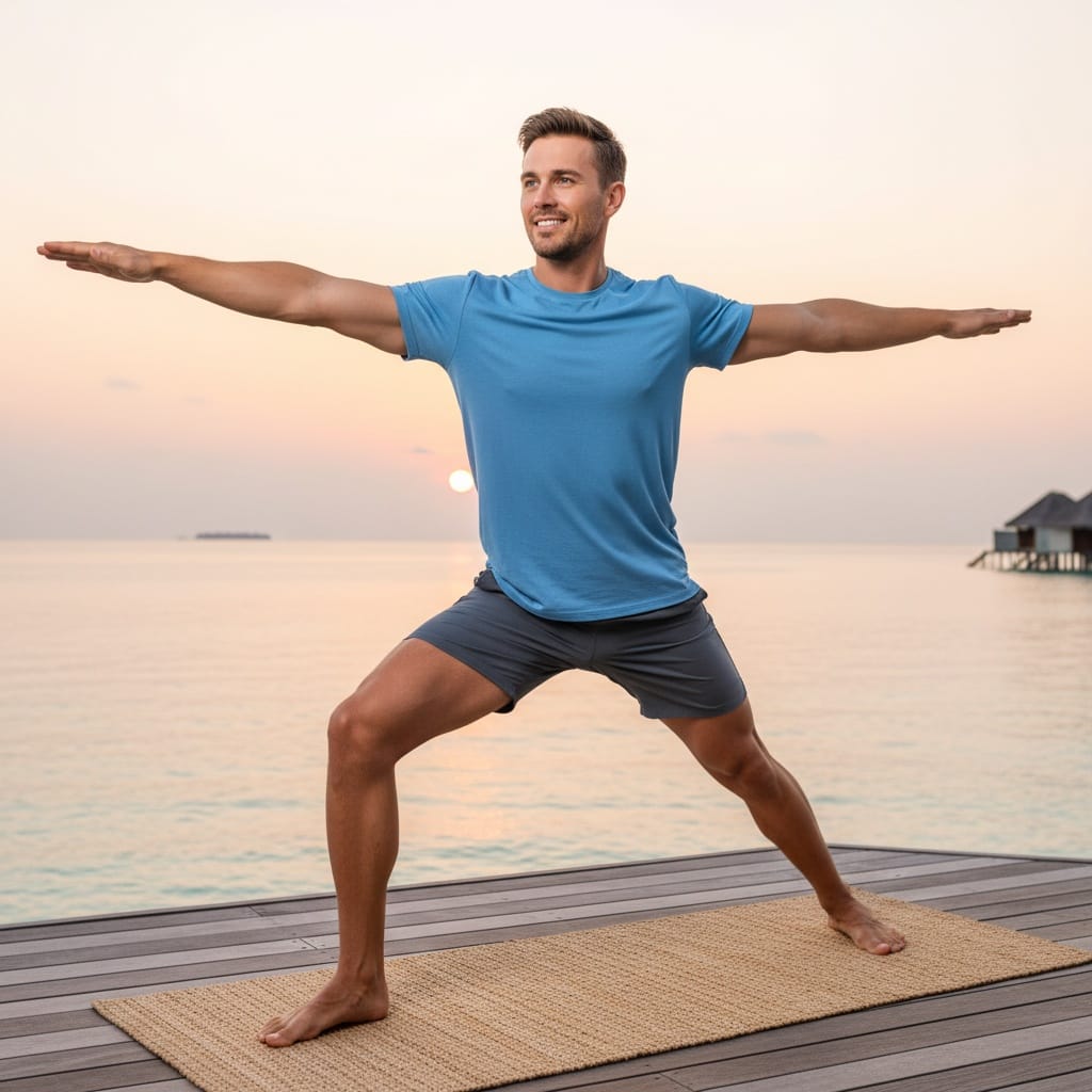 athletic white man sunrise yoga deck 96718135