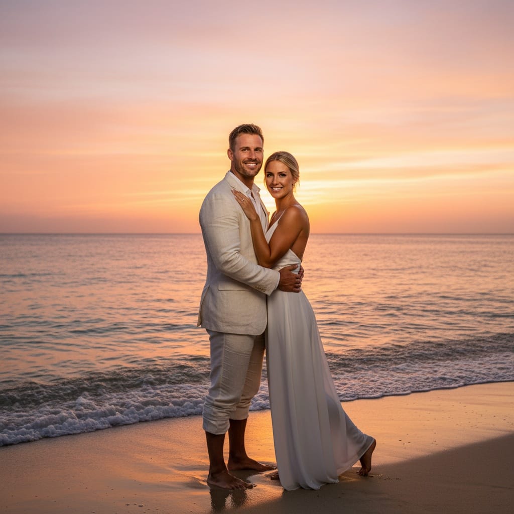 athletic white man sunset beach couple portrait 50963296