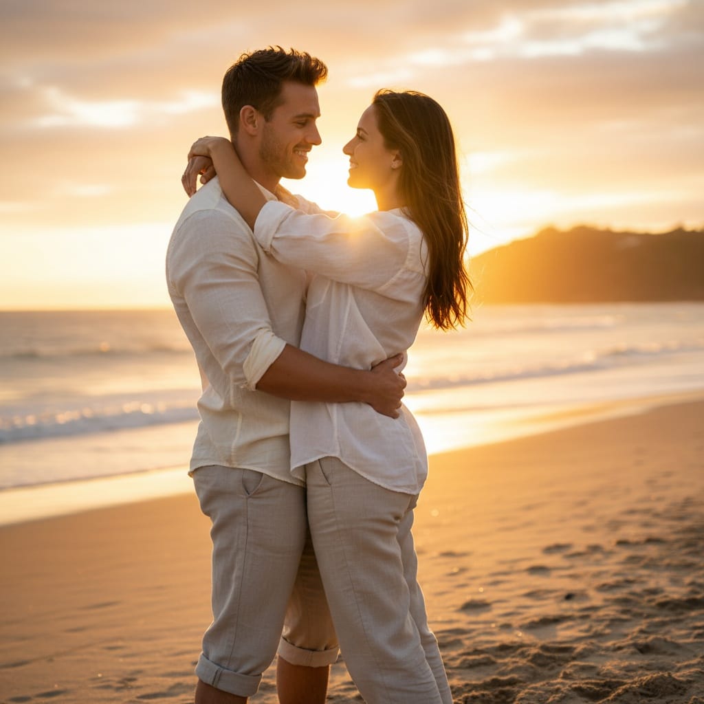 athletic white man sunset beach embrace 33209776