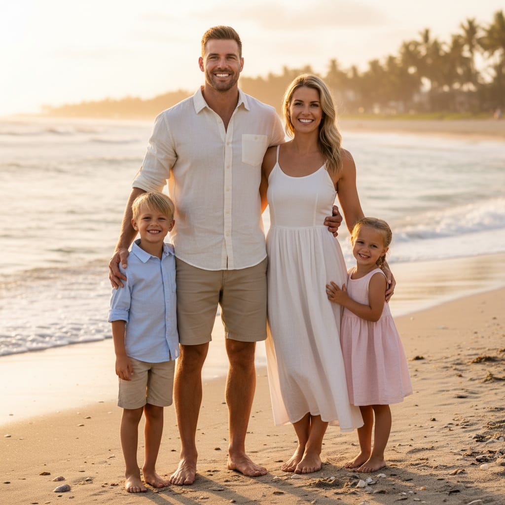 athletic white man sunset beach full family 89145304
