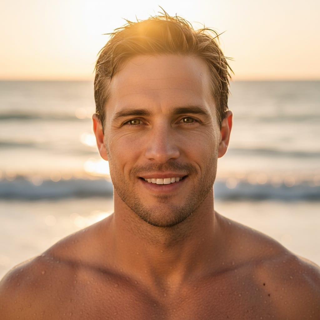 athletic white man sunset beach portrait closeup 25250241