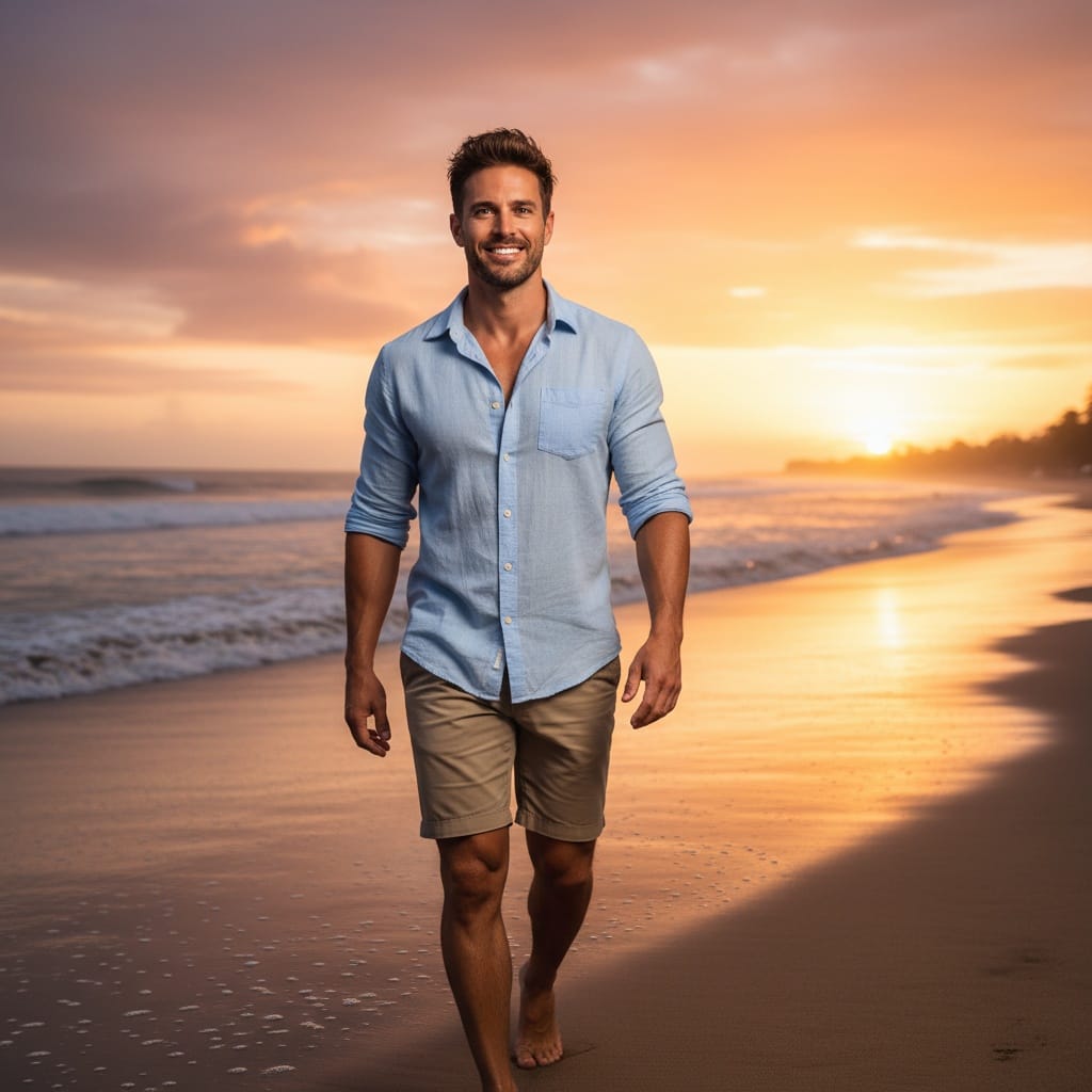 athletic white man sunset beach walk 88914261