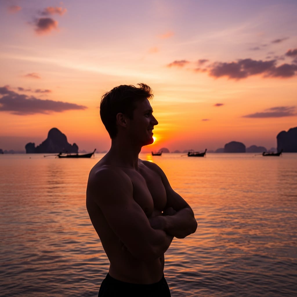 athletic white man sunset silhouette coast 58972445