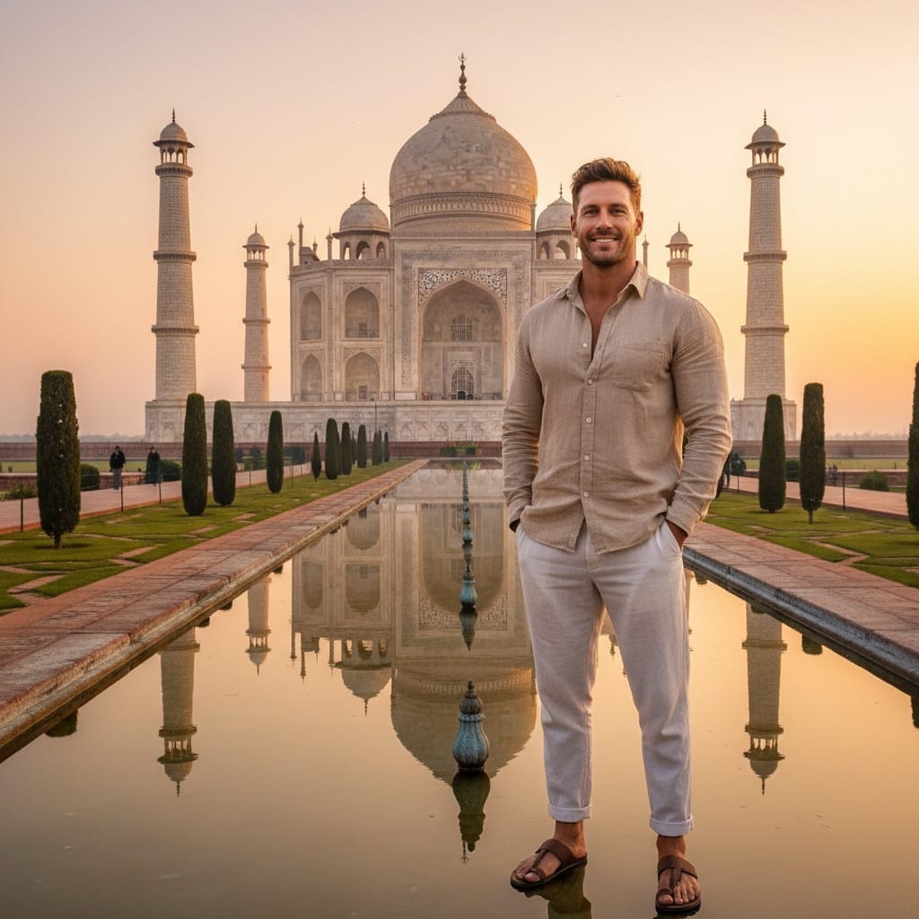 athletic white man taj mahal sunrise front view 90283532