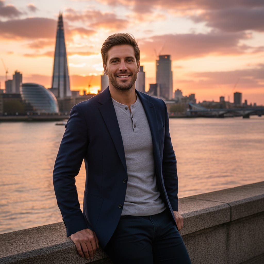 athletic white man thames river sunset 99473560