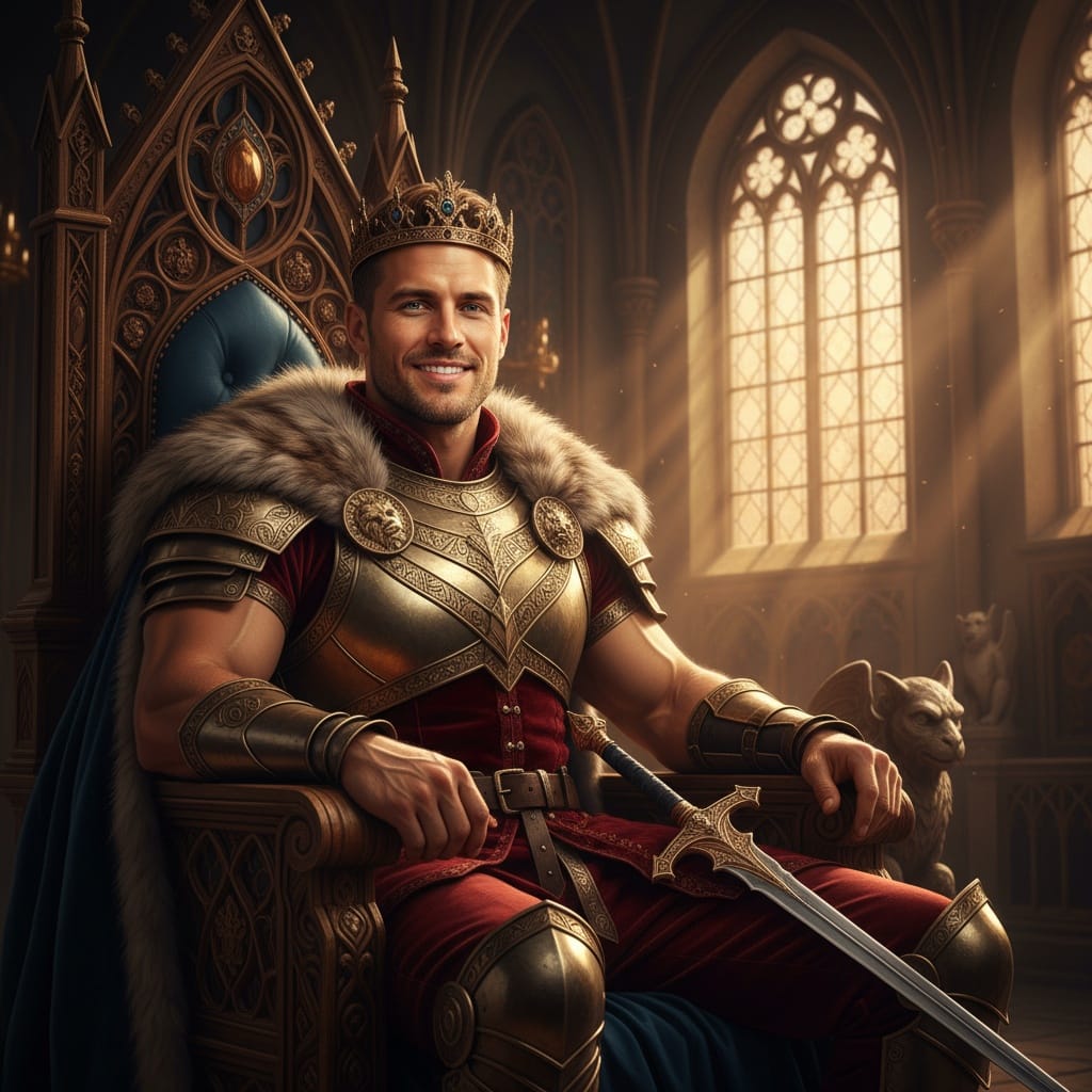 athletic white man throne room regal pose 77670280