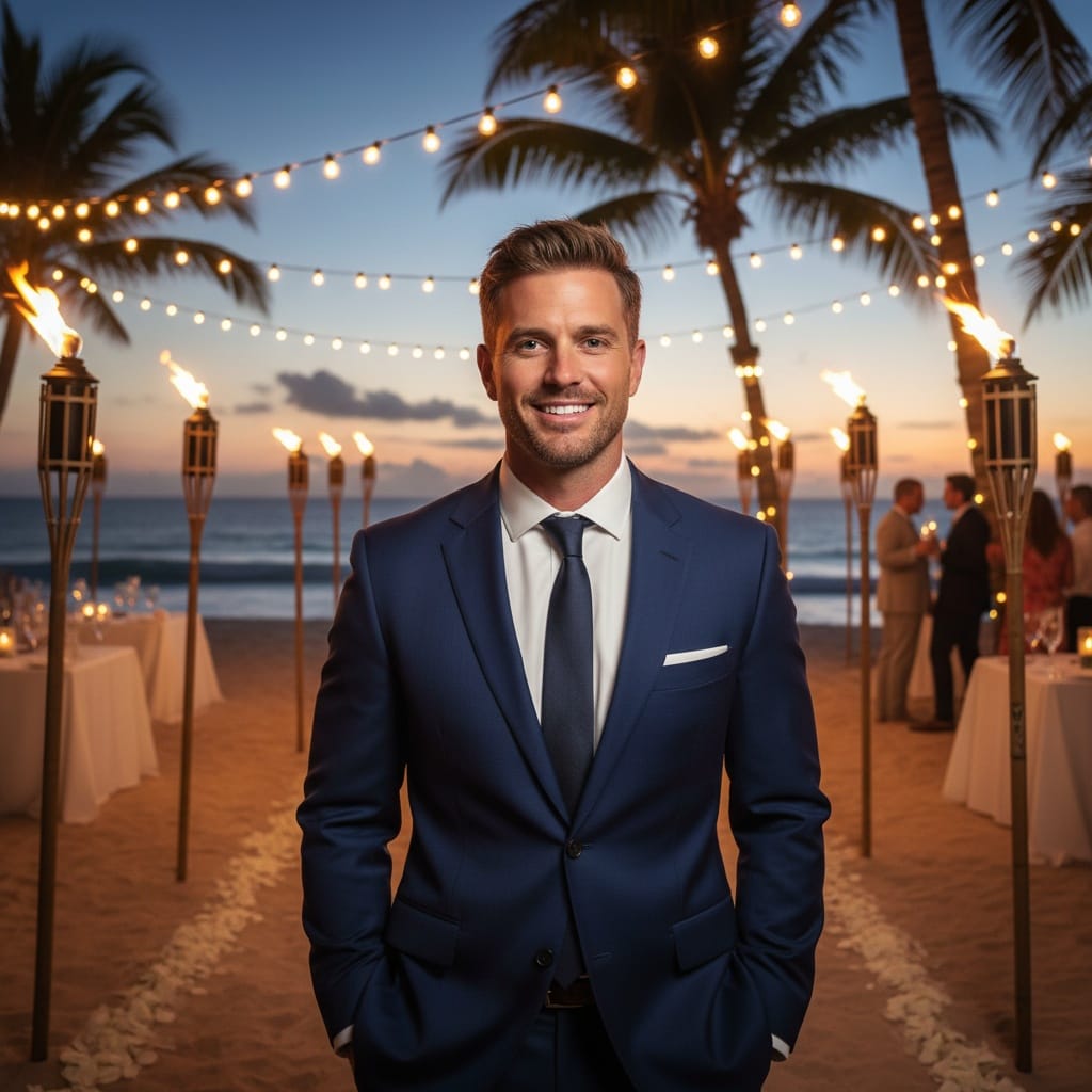 athletic white man tiki torch evening reception 15764045