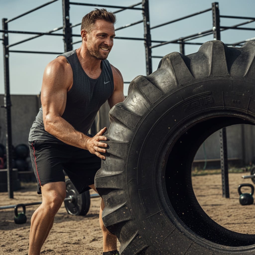 athletic white man tire flip raw power 98582037