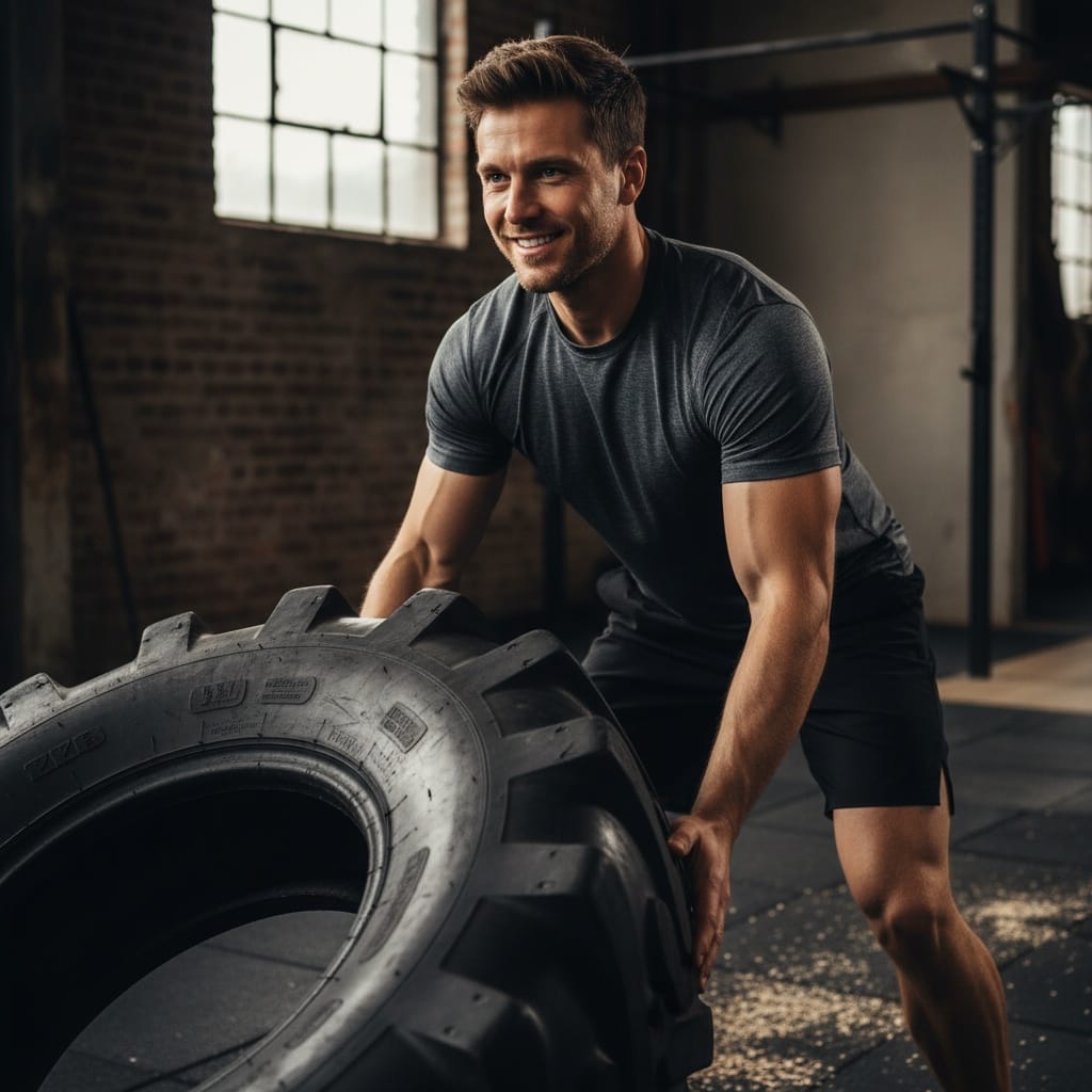 athletic white man tire flip strength 27620908