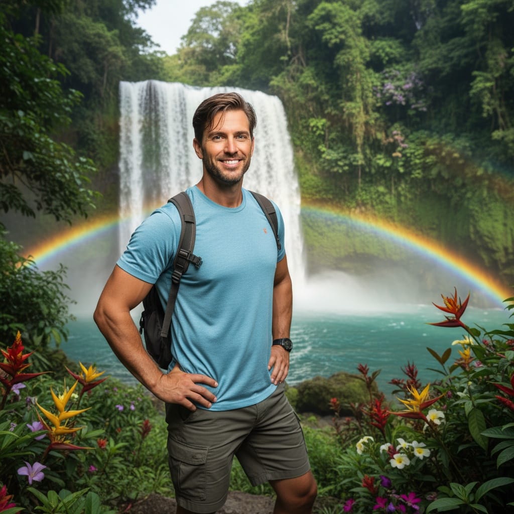 athletic white man tropical waterfall nature 48287969