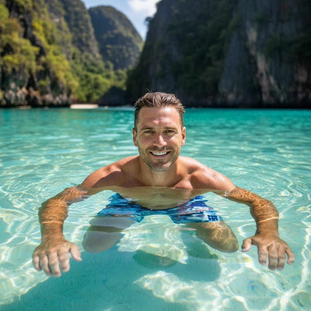athletic white man turquoise lagoon swimming 60718383