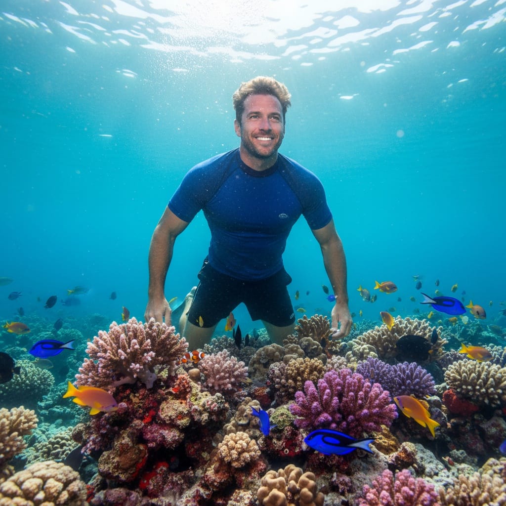 athletic white man underwater coral snorkeling view 73743208