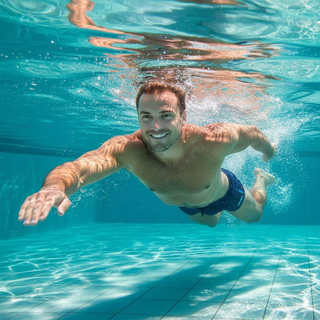 athletic white man underwater swimming pool 83980633