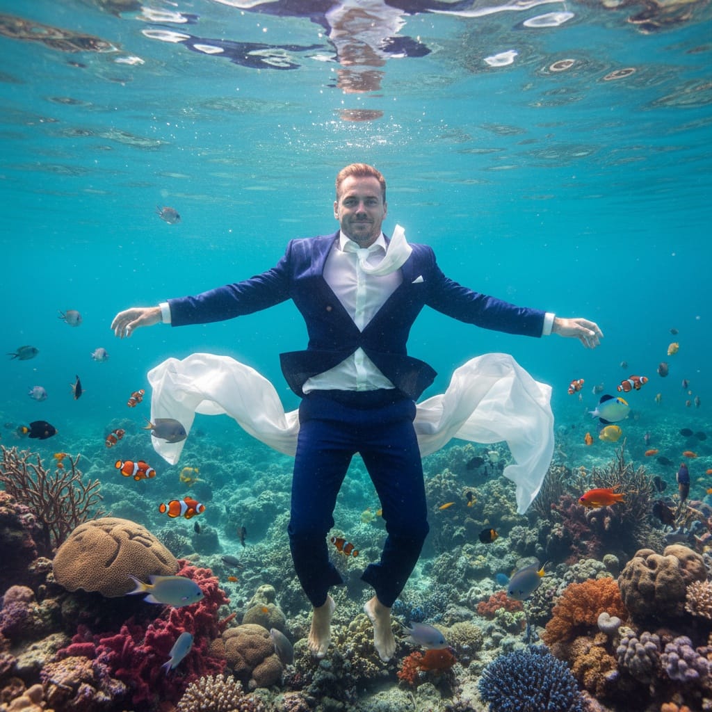 athletic white man underwater tropical wedding shot 93461314