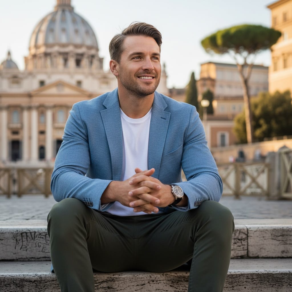 athletic white man vatican steps wide shot 45913400