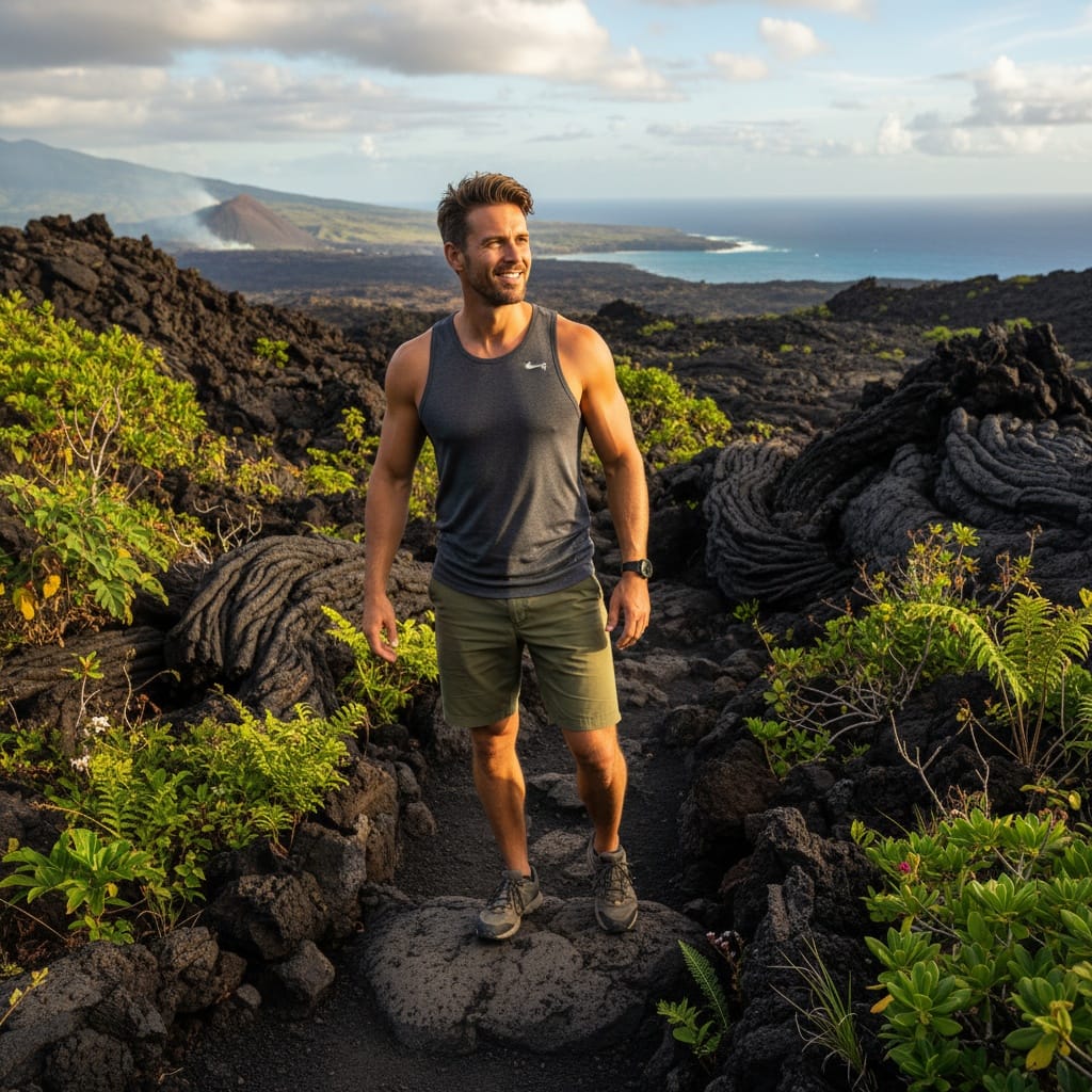 athletic white man volcanic landscape adventure 93087065