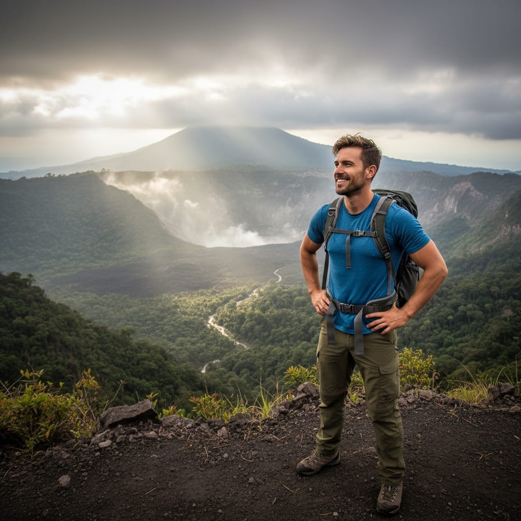 athletic white man volcano hiking overlook 15388164