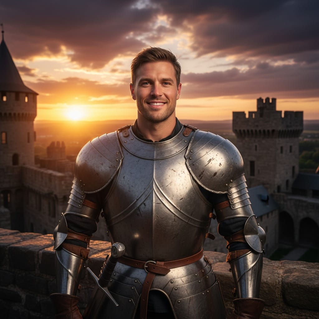 athletic white man warrior battlements dramatic 19680293