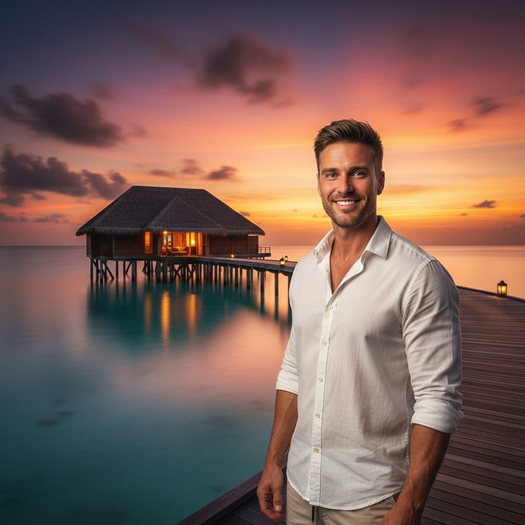 athletic white man water villa sunset exterior 91306863