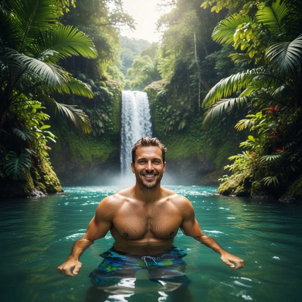 athletic white man waterfall swimming adventure 43307767