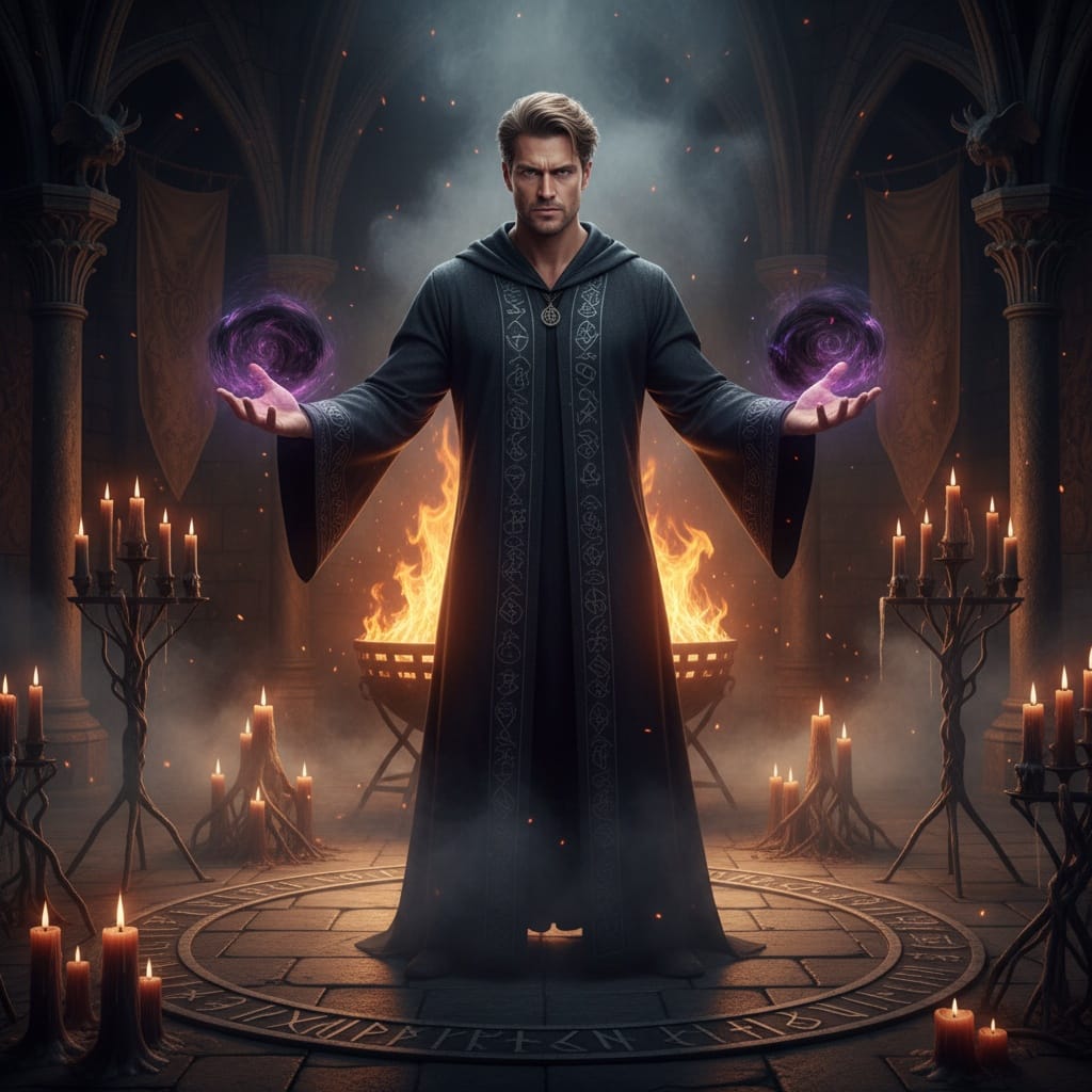athletic white man witch ritual scene 78565286
