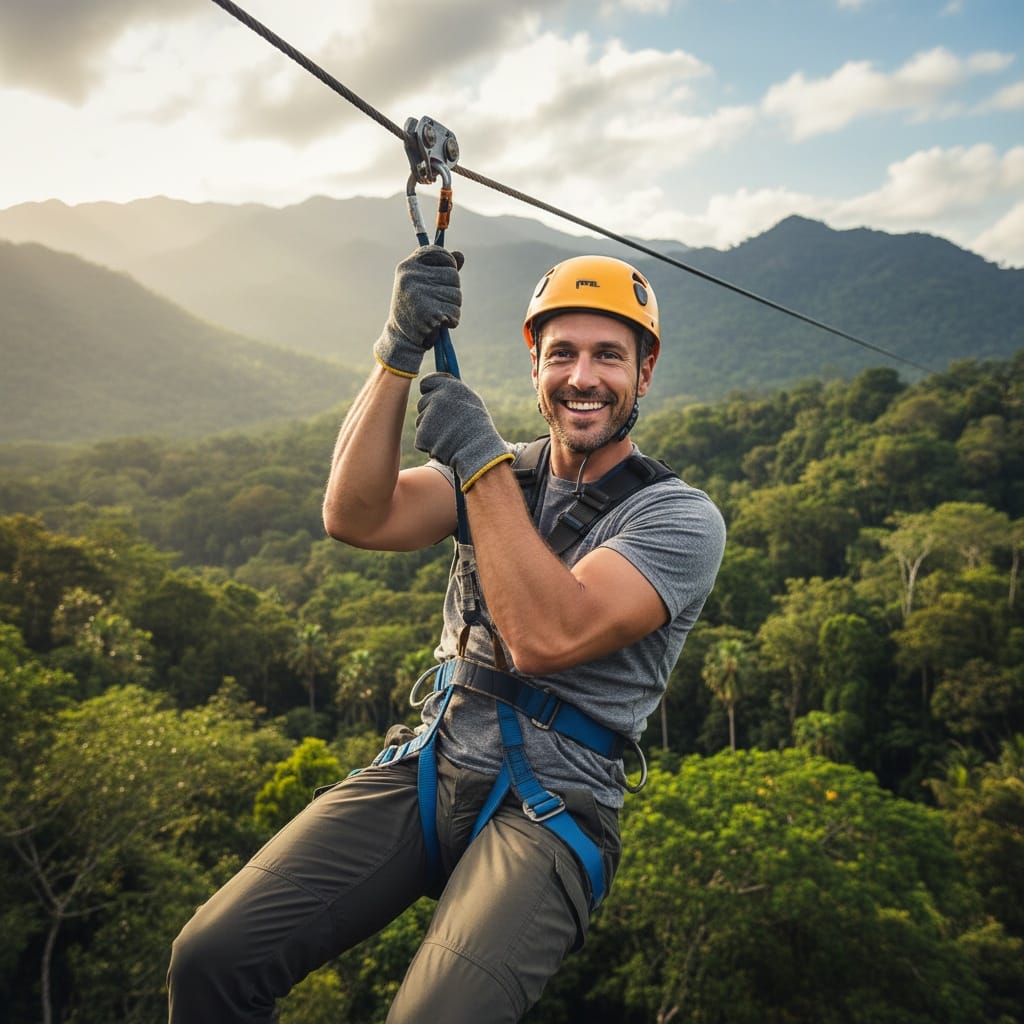 athletic white man zipline tropical adventure 29227135