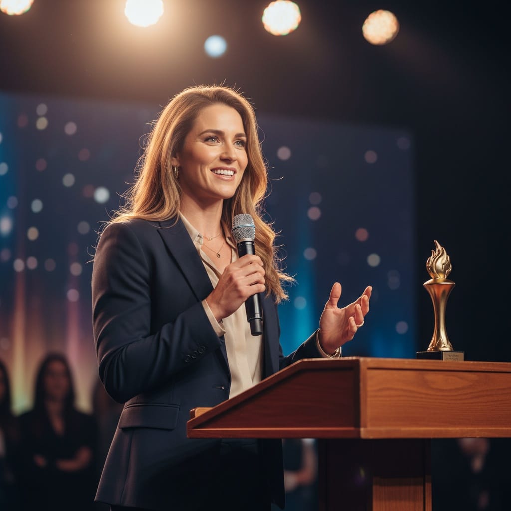 athletic white woman acceptance speech podium 21572110
