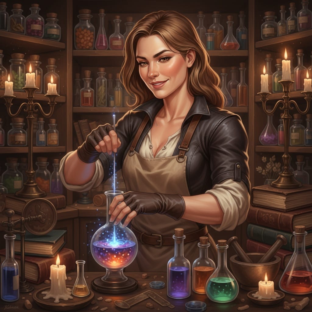 athletic white woman alchemist laboratory work 79981489