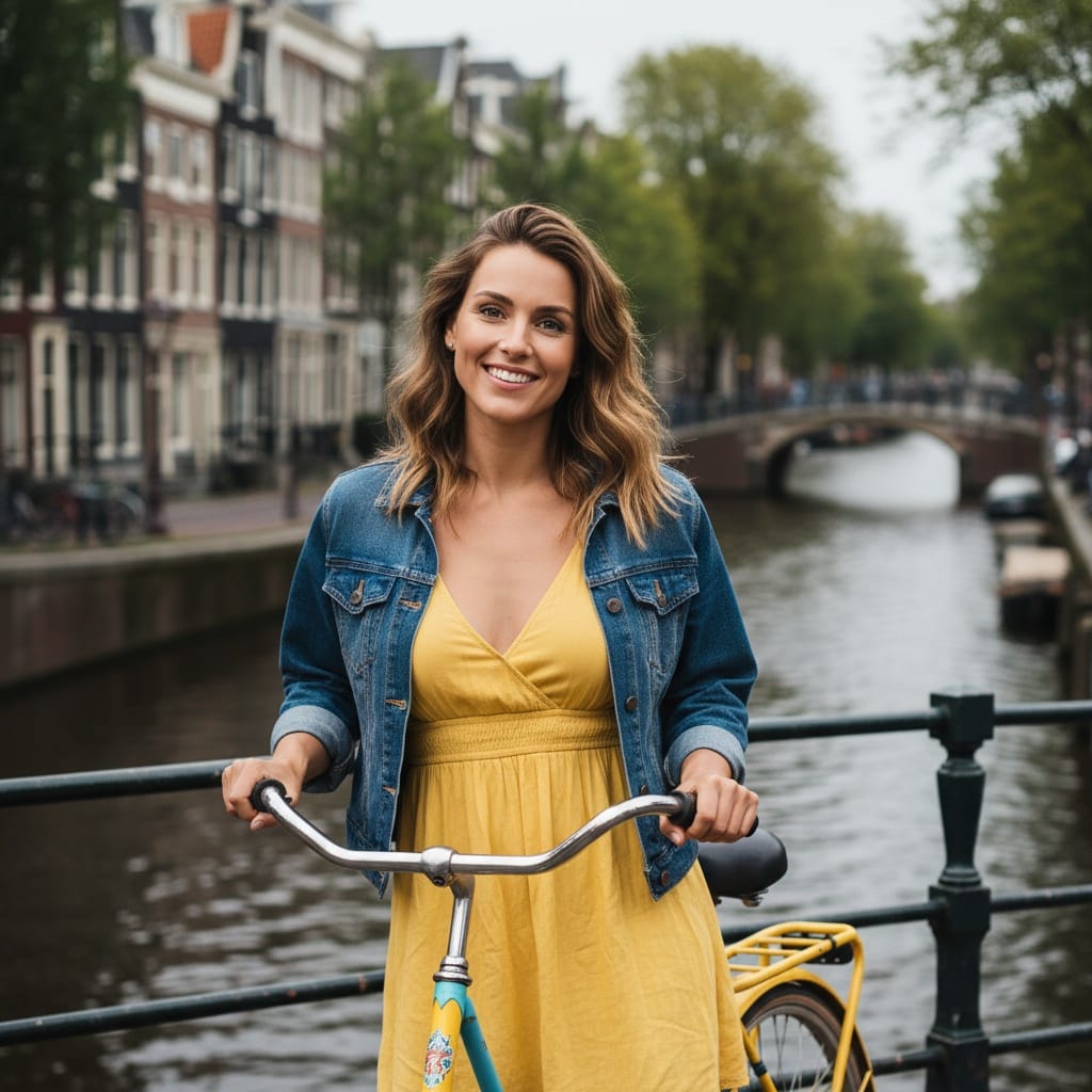 athletic white woman amsterdam canal bikes 38757352