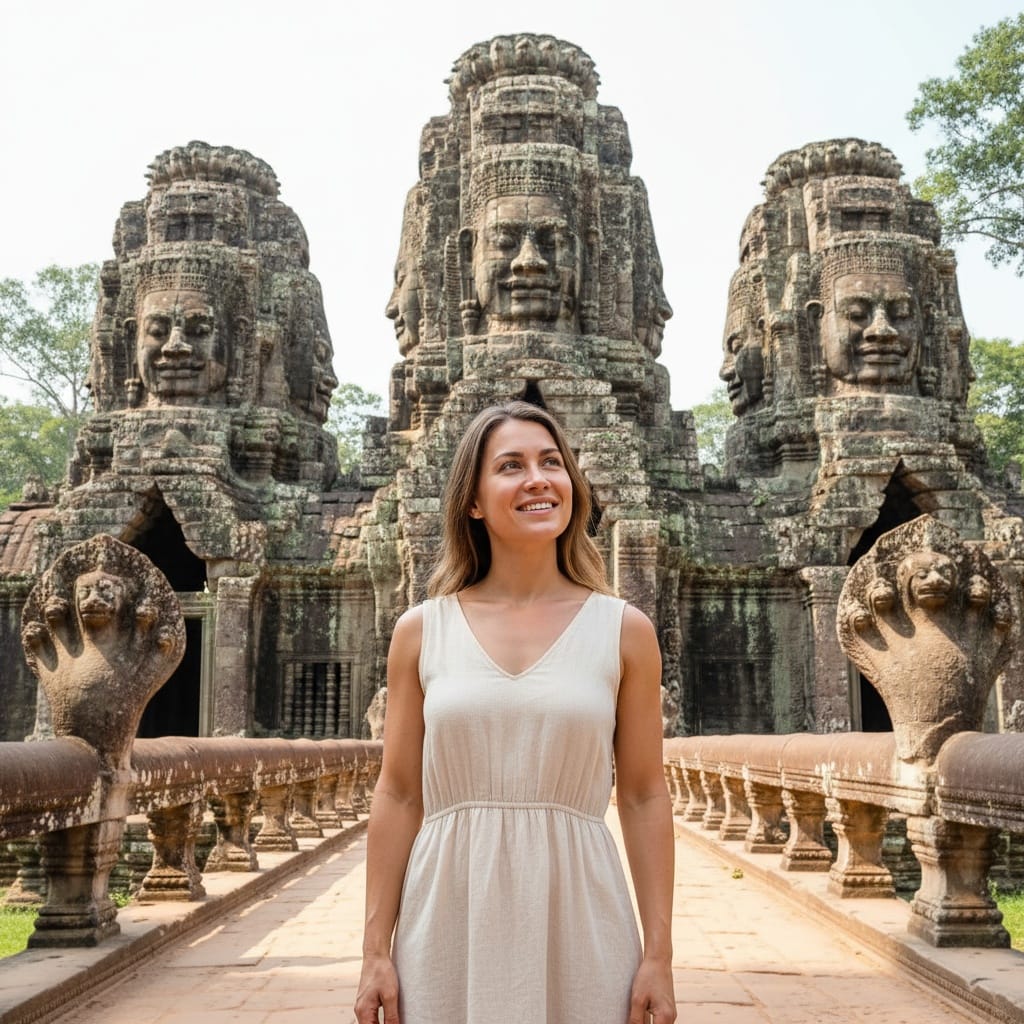 athletic white woman angkor thom south gate 87906864