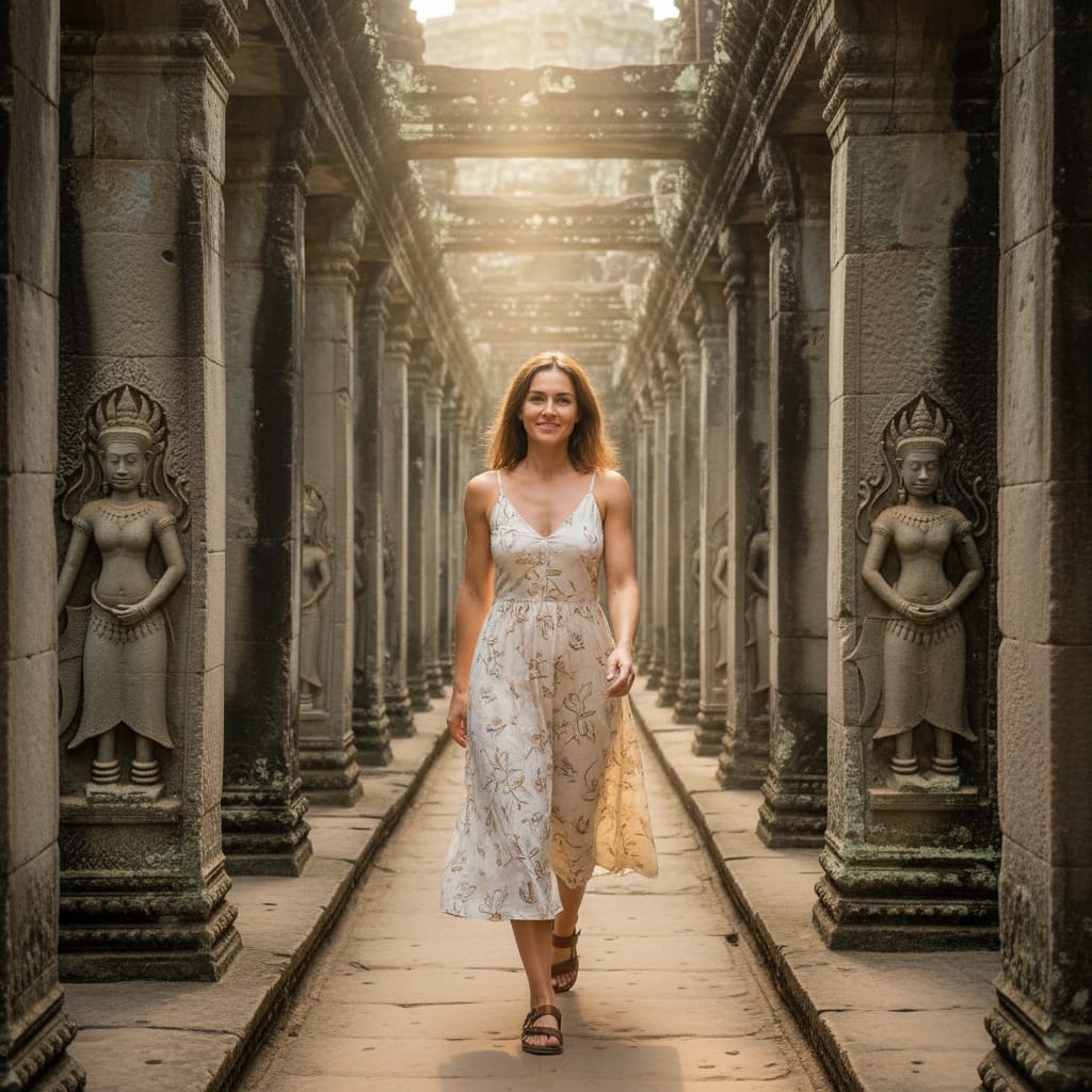 athletic white woman angkor wat temple corridor 18613765