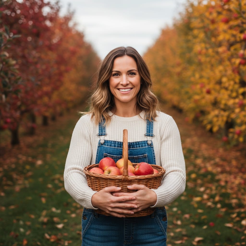 athletic white woman apple orchard harvest 72173246
