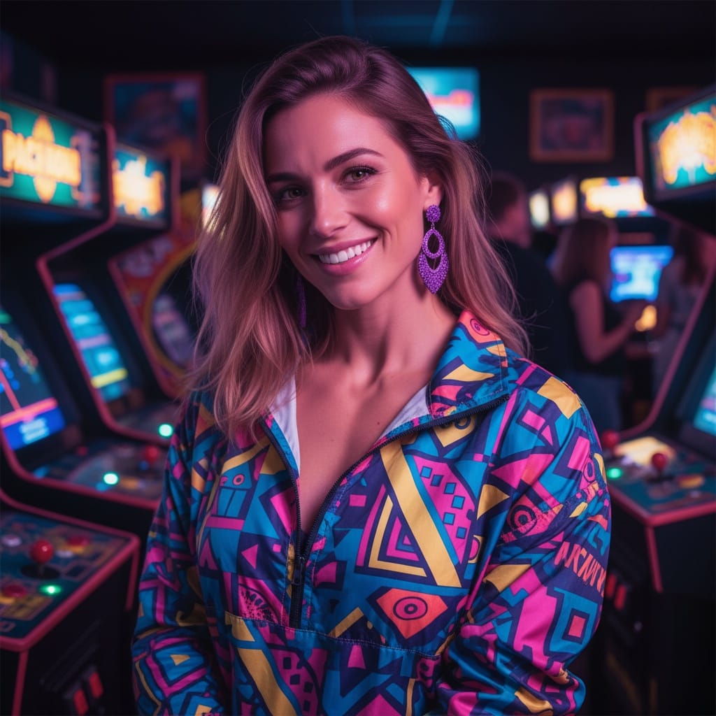 athletic white woman arcade gaming atmosphere 83567089