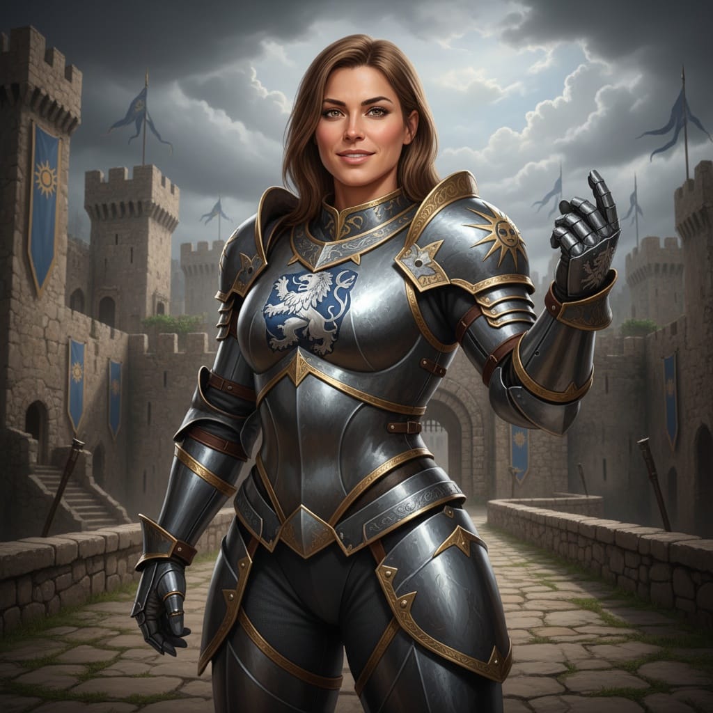 athletic white woman armored knight portrait 72458593