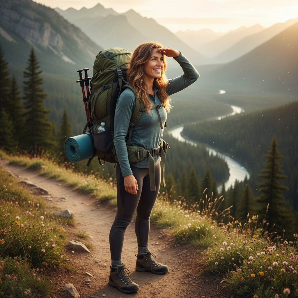 athletic white woman backpacking adventure portrait 47481331