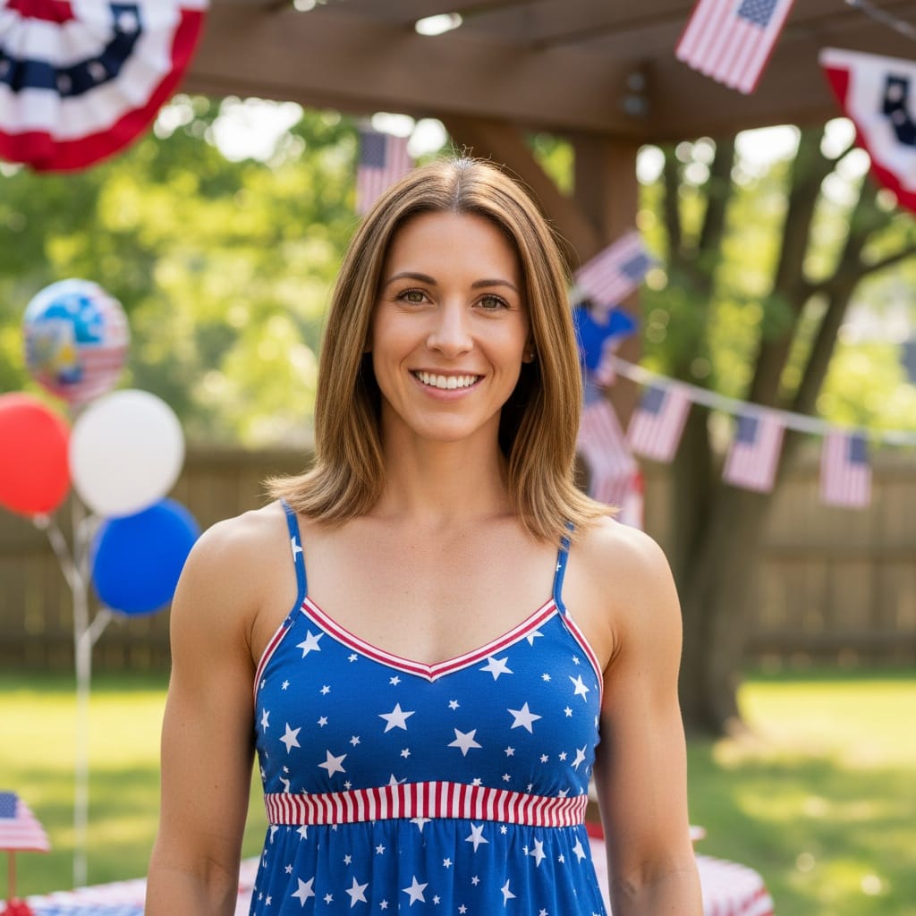 athletic white woman backyard bbq celebration 83086069