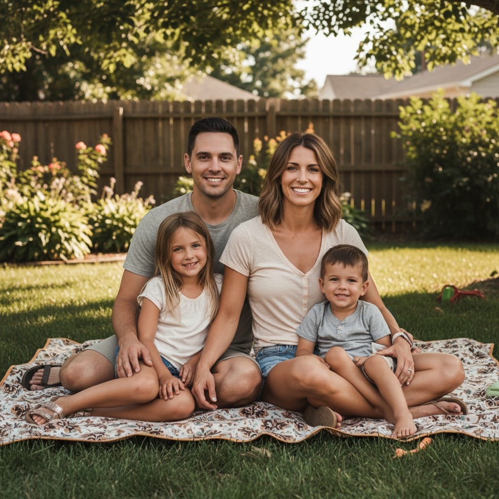 athletic white woman backyard picnic blanket 99595174